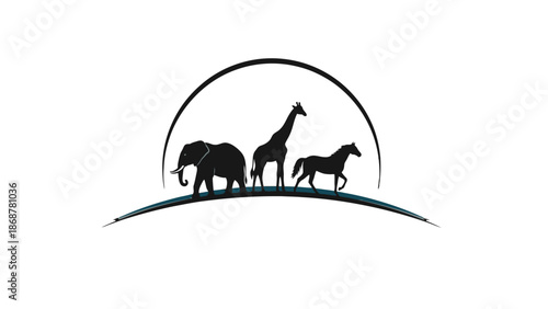 Elephant Giraffe Horse Animal Silhouettes Standing on Ground Line, Isolated White Background