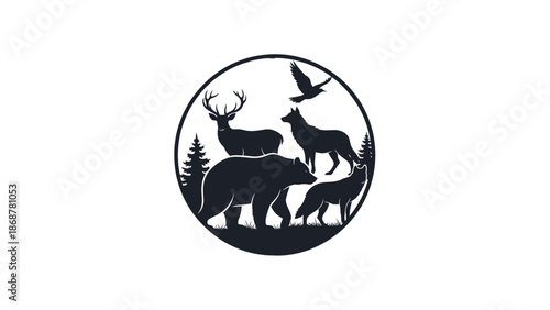 Wildlife Animals Silhouette in Circle, bear, deer, wolf, fox, and bird, forest nature design, isolated white background.