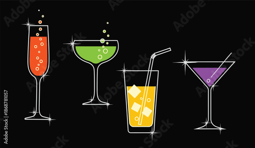 Colorful cocktail glasses with different drinks and ice cubes