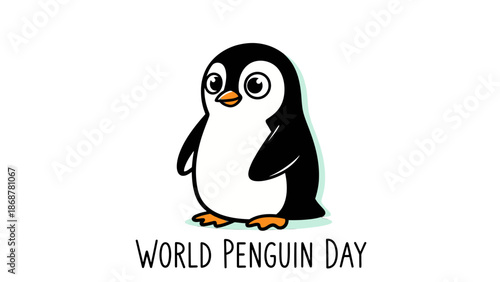 World Penguin Day Cute Cartoon Penguin, happy arctic bird, isolated white background.