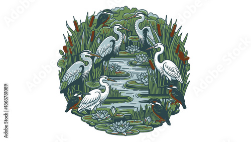 Lush wetland ecosystem with a group of herons and diverse water birds in a circle.