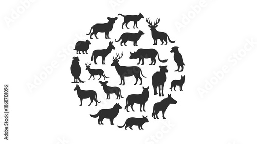 Diverse wild animal silhouettes forming a circular group, representing biodiversity, isolated white background.