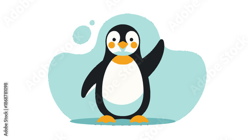 Cute cartoon penguin waving happily on a light blue abstract background.