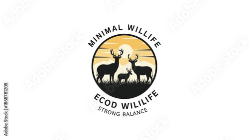 Minimal Eco Wildlife Emblem with Deer Family and Sunset, Illustrating Strong Balance on Isolated White Background