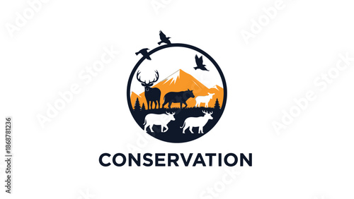 Wildlife Conservation Emblem with Mountain Landscape, Forest, Deer, Bear, and Flying Birds on Isolated White Background