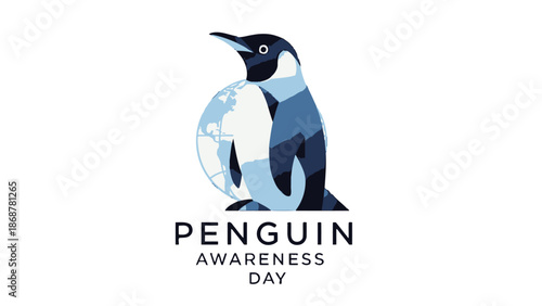 Cute penguin with world globe pattern for Penguin Awareness Day, standing proudly on an isolated white background