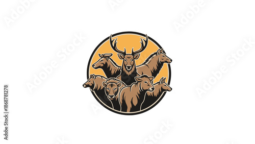 Group of Wild Animals and Farm Animals Heads Logo Design in Circle, Vector Illustration Isolated White Background