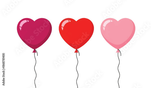 Three heart shaped balloons in pink, red, and light pink colors for love and valentines day
