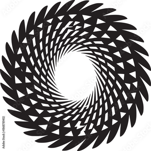 Black and white abstract vortex design with triangular and curved elements on a white background