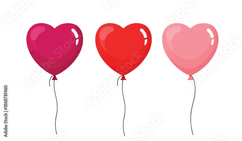 Three heart shaped balloons in pink, red, and light pink for love and valentines day