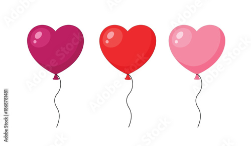 Three heart shaped balloons in pink, red, and purple hues