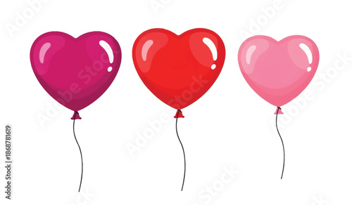 Three heart shaped balloons in pink, red, and light pink colors for love and valentines day