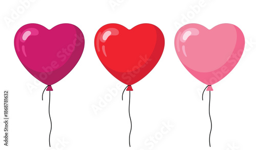 Three heart shaped balloons in pink, red, and light pink colors for love and valentines day