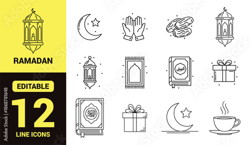 Black line icon set for Ramadan and Islamic culture featuring mosque, crescent moon, prayer, food, charity, and celebration