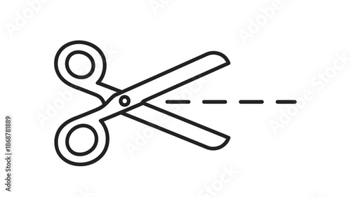 Simple line drawing of open scissors positioned above a dashed cut line illustration