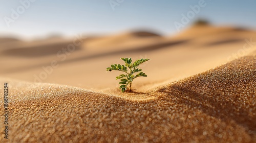 Small green plant struggling to survive amidst vast, undulating desert sand dunes