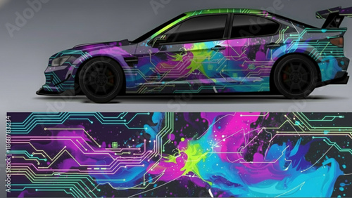 Custom wrapped sports car with a vibrant neon circuit board and paint splatter design, showcasing the full vehicle and a detailed view of the graphic.
