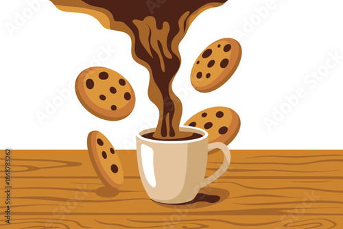 An illustration of chocolate pouring into a white coffee cup surrounded by cookies on a wooden table.