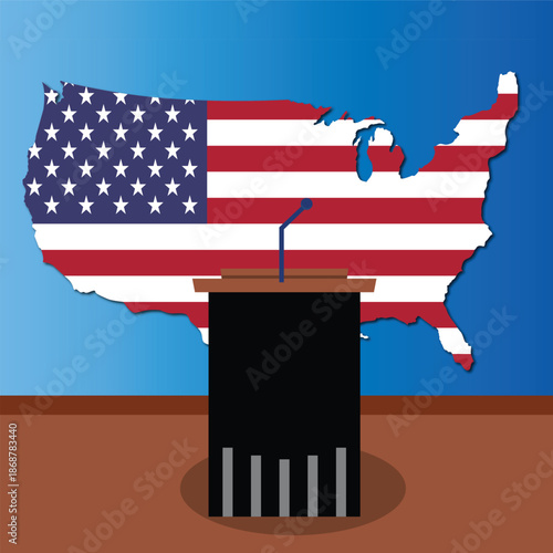 United States Map with American Flag and Podium. USA Political Speech Concept Illustration. Happy President's Day