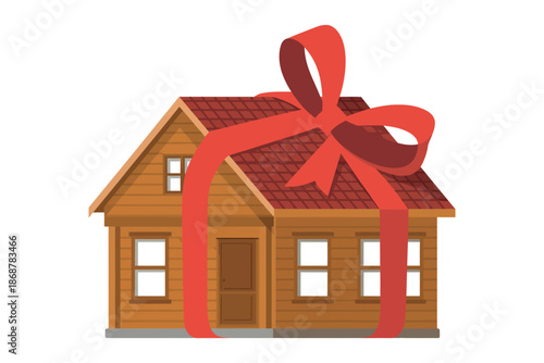 A cartoon house with a large red bow on the roof, symbolizing a gift or a new home.