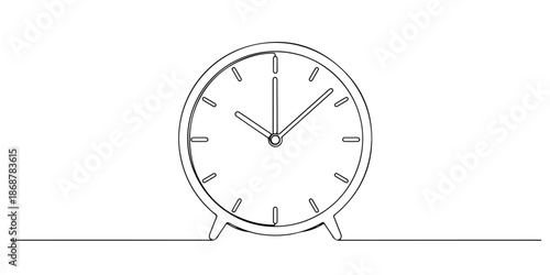 Continuous one line drawing of a clock with short and long hands, representing time and routine, line art style vector illustration.