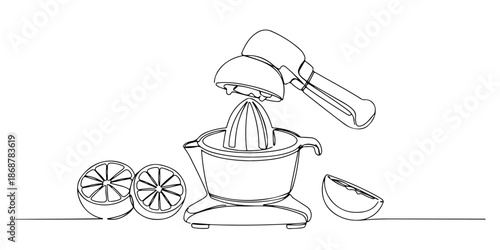 Continuous one line drawing of a manual citrus squeezer with fruit slices, symbolizing freshness and manual effort, line art style vector illustration.