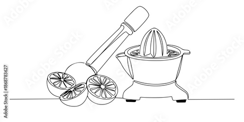 Continuous one line drawing of a manual citrus squeezer with fruit slices, symbolizing freshness and manual effort, line art style vector illustration.