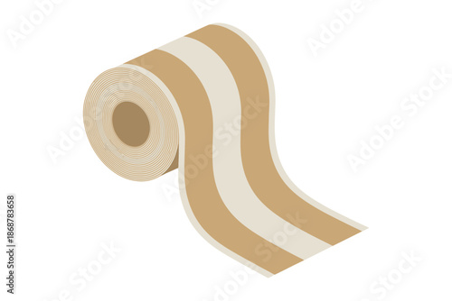 A roll of beige and white striped wallpaper on a plain white background