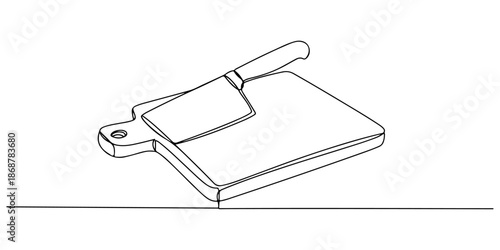 Continuous one line drawing of wooden cutting board with knife, representing preparation and culinary basics of cooking, line art style vector illustration.