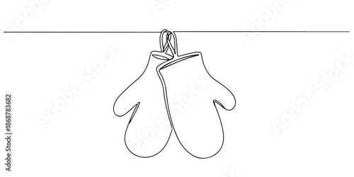 Untitled-8Continuous single line drawing of a pair of hanging oven mitts, depicting baking and safety, line art style vector illustration.