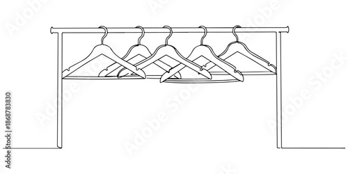 Continuous one line drawing of clothes hangers on a rack, depicting wardrobe and order, line art style vector illustration.