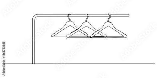 Continuous one line drawing of clothes hangers on a rack, depicting wardrobe and order, line art style vector illustration.