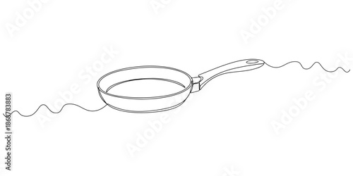 One continuous line drawing of a frying pan with a long handle, depicting cooking and frying, line art style vector illustration.