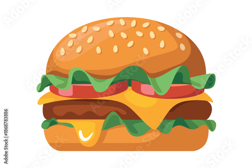 A delicious double cheeseburger with lettuce and tomato on a sesame seed bun