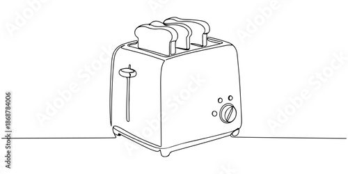 Continuous one line drawing of a toaster with sliced ​​bread, depicting breakfast and warmth, line art style vector illustration.
