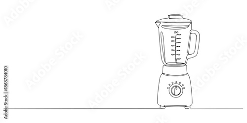 Continuous one line drawing of a blender with a transparent jar, depicting preparation and mixing, line art style vector illustration.