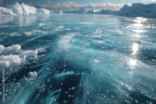 Close-up of a blue icy surface on a hockey rink with reflections and snow patches
