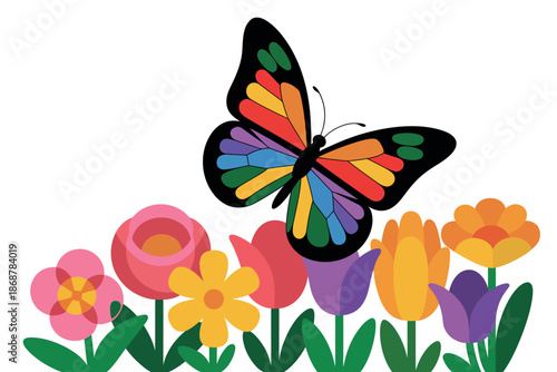 A colorful butterfly perched on a vibrant bouquet of flowers in full bloom.
