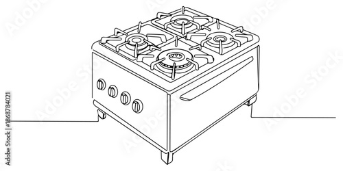 Continuous one line drawing of a gas stove with burners, depicting heat and cooking, line art style vector illustration.