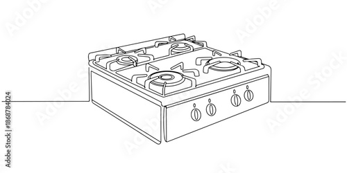 Continuous one line drawing of a gas stove with burners, depicting heat and cooking, line art style vector illustration.