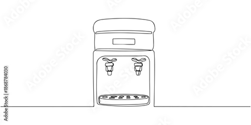 Continuous one line drawing of water dispenser with two spouts, depicting freshness and comfort, line art style vector illustration.