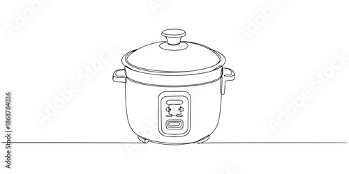Continuous one line drawing of a rice cooker with a round lid, depicting cooking and everyday convenience, line art style vector illustration.