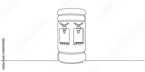 Continuous one line drawing of water dispenser with two spouts, depicting freshness and comfort, line art style vector illustration.