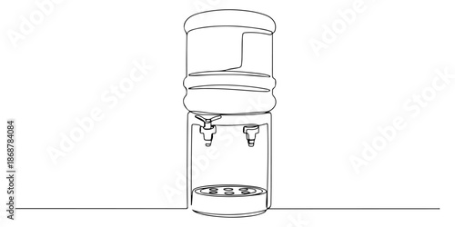 Continuous one line drawing of water dispenser with two spouts, depicting freshness and comfort, line art style vector illustration.