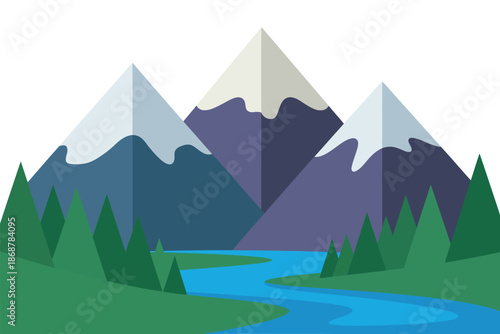 A serene mountain landscape with a winding river and lush greenery under a clear sky