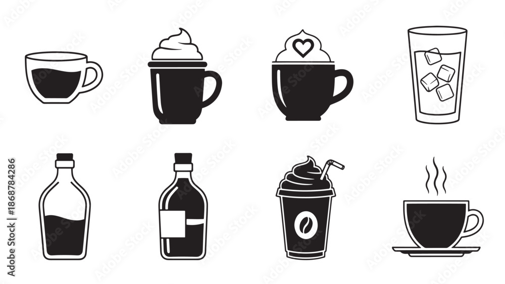 Obraz premium Drinks Icons Set Outline Style Cup Iced Coffee Bottle Soft Drink Hot Beverages Vector Illustration