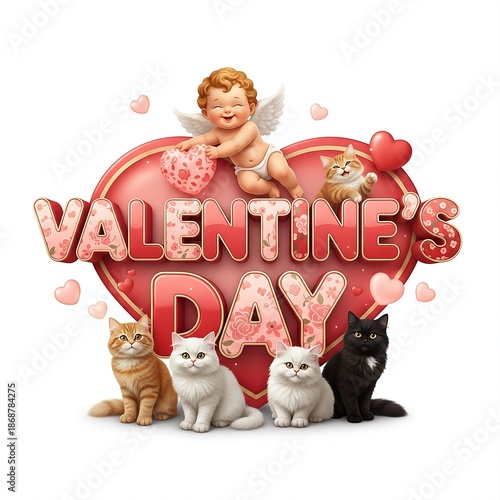 cute kittens of various breeds with cupid on big heart and valentine's day 3d text 