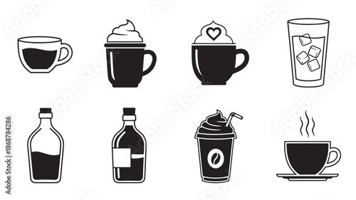 Drinks Icons Set Outline Style Cup Iced Coffee Bottle Soft Drink Hot Beverages Vector Illustration