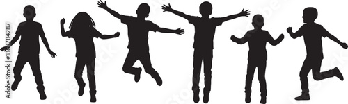 Set of joyful kids silhouettes in active poses, happy children jumping, running, and celebrating for school playground design and architectural lifestyle rendering.