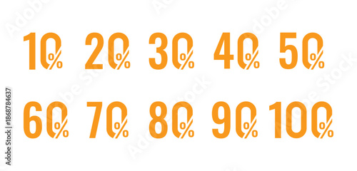 Orange Percentage Numbers 10 to 100 sale discount isolated on transparent background